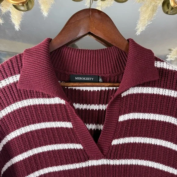 Merokeety Maroon and White Stripe Long Sleeve Sweater Dress with Collar - Picture 4 of 7